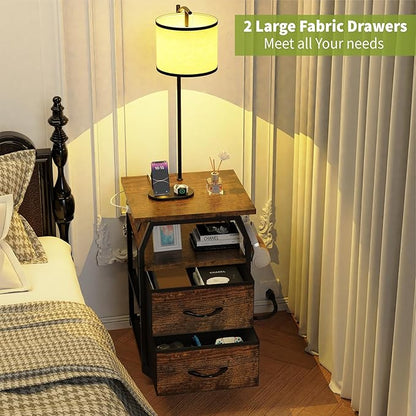 runjuly Floor Lamp with Table, End Tables with Lamps Attached 3-Color Temperature Bulb, Side Table with Lamp with 2 Drawers & Charging, Lamps Tables Combo for Bedroom, Dorm, Apartment - Rustic Brown