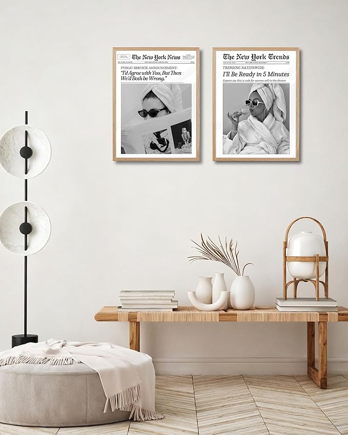 EcoHest 12x16 in Beige OAK Wood Framed Wall Art, Trendy Newspaper I'll Be Ready in 5 Minutes Print, Feminist Makeup Canvas Wall Art Home Decor, Retro Bathroom Decor, Set of 1 For Bedroom Living Room