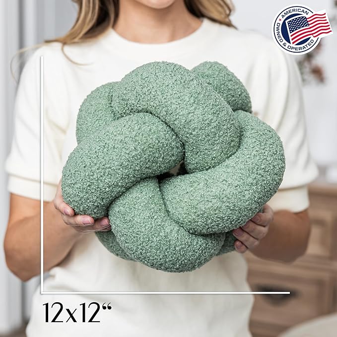 SAMIAH LUXE Sage Green Teddy Boucle Knot Pillow Ball 12", Permanently Stitched Knotted Decorative Throw Pillow, Natural Kapok Fill, Round Accent Pillow for Couch Sofa Bed, Boho Home Decor