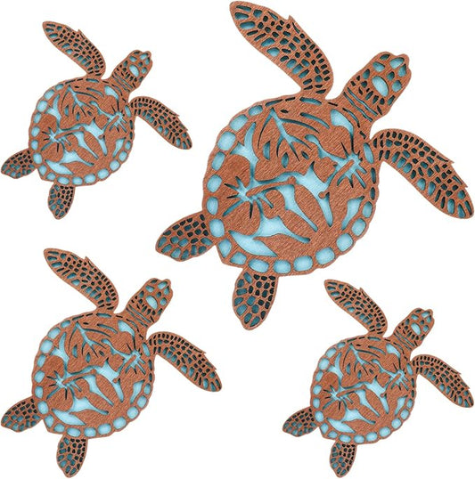 Tatuo 4 Pcs Wooden Sea Turtle Wall Decor Summer Ocean Turtle Wall Art Beach Theme Vintage Coastal Hanging Decoration for Home Lake House Bathroom
