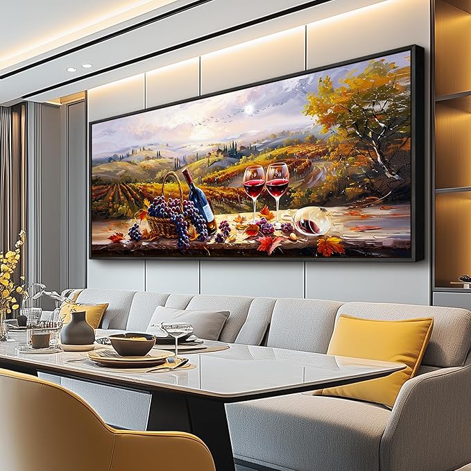 hyidecorart Large Framed Wall Art,Wine Farm View Kitchen Art Prints, French Country Still Life Picture, Fruit Harvest Art Prints, Rustic Dining Room Wall Decor, Restaurant Home Bar Decoration 32x72 In
