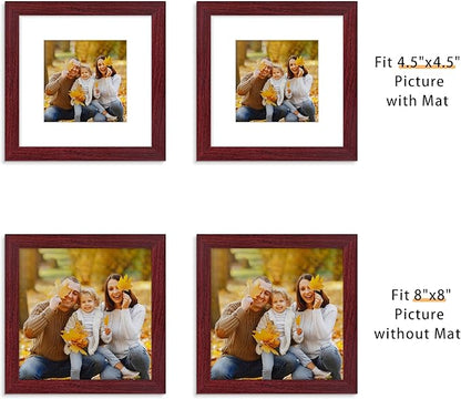 Picrit 8x8 Picture Frame Set of 12, Display 5x5 with Mat or 8 x 8 Without Mat, Photo Frames for Wall Mounting or Table Top Display, Dark Red Wood