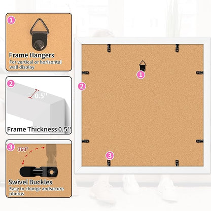 12x12 Picture Frame 2 Pack, White Photo Frames Collage for Wall Hanging, 12 x 12 Square Wall Gallery Poster Frame with Clear Plexiglass, Display Pictures 8x8 with Mat or 12x12 Without