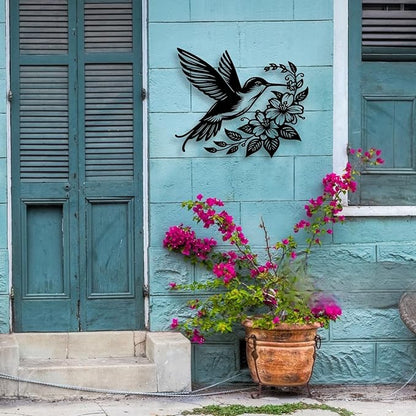 LIYOUYA Hummingbird Flower Metal Wall Decor - Rustic Farmhouse Room Decor Black Wall Art Home Decor for Living Room, Dining Room, Courtyard (Black)