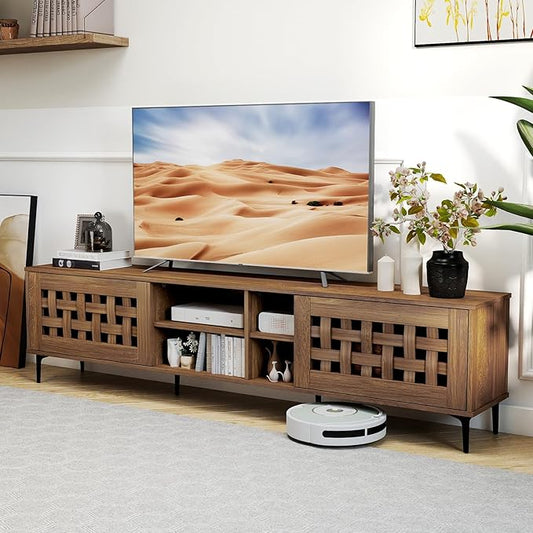Giantex Mid Century Modern TV Stand for 60-80 Inch TV, Large Entertainment Center w/Storage Cabinet, Basket Weave Wooden Door & Open Compartment, Wood Media Console Table for Living Room Bedroom