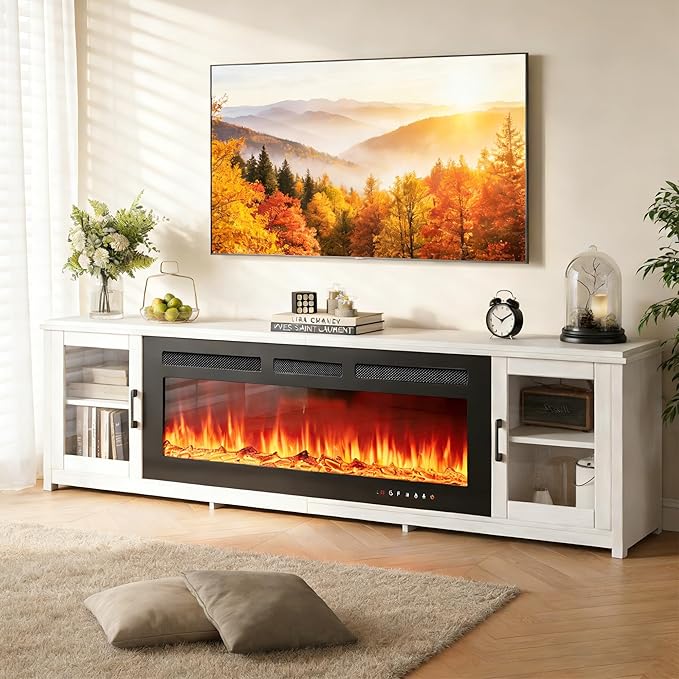 oneinmil 80" Fireplace TV Stand, 50 Inch Smart Fireplace & Modern Entertainment Center, Fire Place TV Console with WI-FI Enabled for TVs Up to 90", TV Stands for Living Room, White