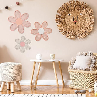 Maitys 3 Pieces Boho Daisy Wall Decor Natural Rattan Flower Wall Hanging Art Wooden Boho Art Nursery Flowers Farmhouse Hanging Decor for Home Office Nursery(Rustic Color)