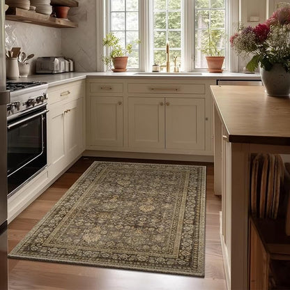 Washable 3x5 Entryway Rug, Boho Non-Slip Vintage Distress Small Rugs for Kitchen Nursery Office Bedroom, 0.3" Neutral Oriental Throw Thin Carpet with Cushioning Pad, Red/Brown/Multi, C4