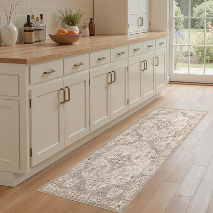 EIEIHOUSE Washable 2x6 Runner Rug - Area Rugs Neutral Vintage Distressed Floral Farmhouse Boho Large Soft Floor Rug Indoor Carpet for Hallway Entryway Bedroom Kitchen - Brown/Multi