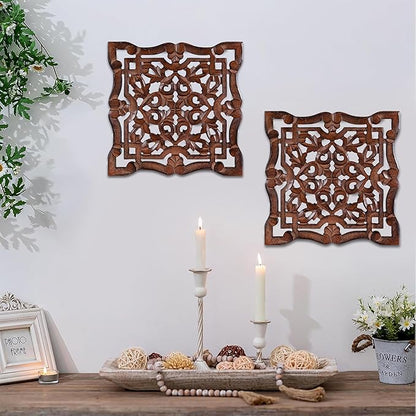 Wall Panels for Living Room & Bedroom – Hand-Carved Decorative Wood Wall Art Set of 6, 12x12" Natural Burnt Finish, Rustic Home Décor,Elegant Decorative Wall Art for Home & Office