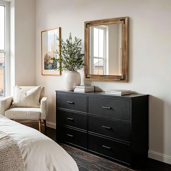 Wood Bathroom Mirror for Wall, 24"x32" Rustic Farmhouse Wood Framed Mirror for Bathroom Sink, Entryway, Living Room, Bedroom