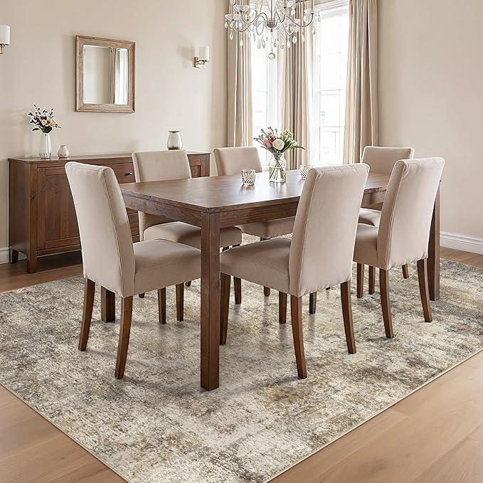 cotiled 9x12 Area Rugs for Living Room - Washable Neutral Abstract Carpet Non Slip Soft Rug for Bedroom & Dining Table, Robot Vacuum & Pet Friendly Floor Decor Brown