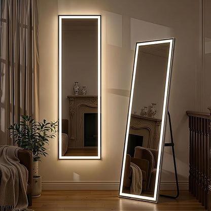 Full Length Mirror with LED Lights, 60"x16"Floor Mirror with Dimming & 3 Color Lighting, Free Standing Floor Mirrors, Lighted Full Body Mirrors for Bedroom, Dressing Room, Cloakroom