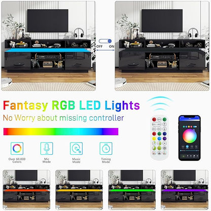 chartustriable LED TV Stand for 80 Inch TV, Modern Tall Entertainment Center with Power Outlets, High Gloss TV Stand, Gaming TV Media Console with Glass Shelf for Living Room, 71 Inch, Black