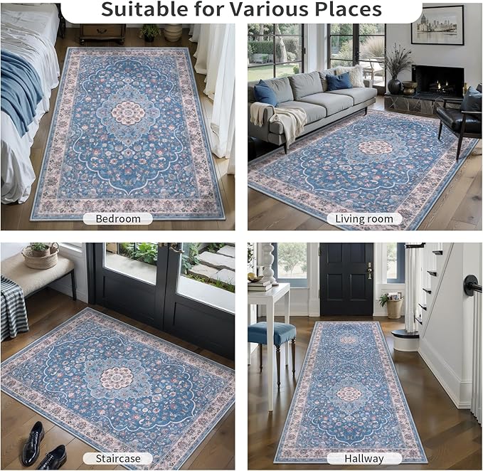 Tangsoo Vintage 4ft Round Area Rug,Washable Circle Rug Small Round Rug Soft Blue Beige Low-Pile Boho Circular Carpet for Bedroom Entryway Office Living Room