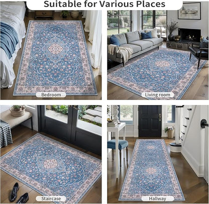 Tangsoo Vintage 4ft Round Area Rug,Washable Circle Rug Small Round Rug Soft Blue Beige Low-Pile Boho Circular Carpet for Bedroom Entryway Office Living Room