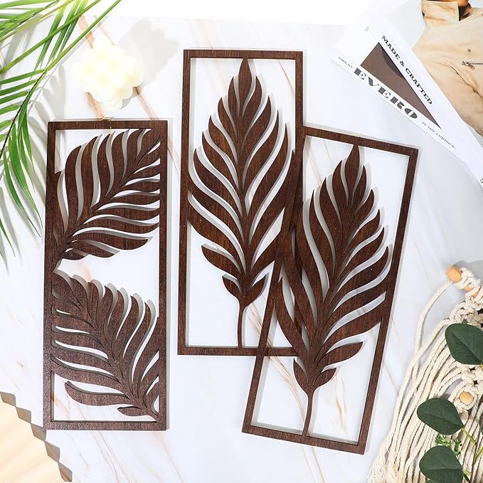 3 Pcs Palm Leaves Wooden Art Wall Decor 14.57 x 5.79 Inch Boho Wood Leaves Plant Wall Accent Vintage Tropical Plant Plaque for Home Bathroom Living Room Bedroom Office Decoration