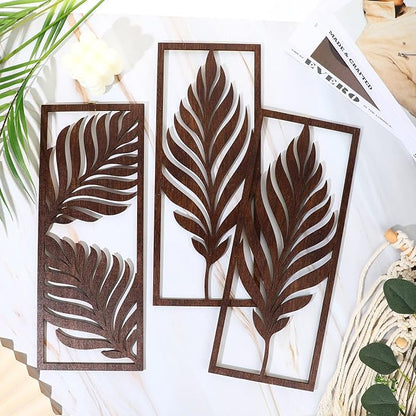 3 Pcs Palm Leaves Wooden Art Wall Decor 14.57 x 5.79 Inch Boho Wood Leaves Plant Wall Accent Vintage Tropical Plant Plaque for Home Bathroom Living Room Bedroom Office Decoration