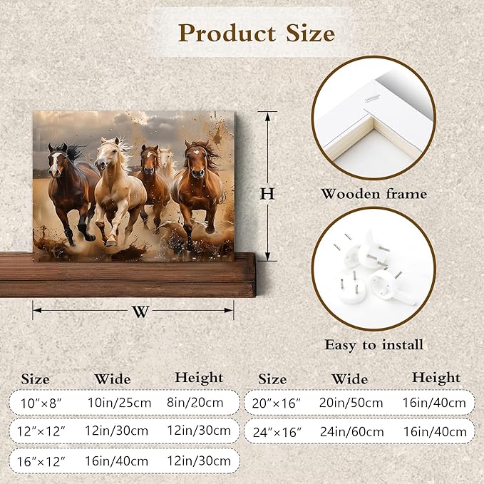 LB Vintage Horse Canvas Wall Art Brown White Horse Animal Wall Decor Running Horses Prints Wall Decoration for Living Room Bedroom Home Office Framed Ready to Hang 12L x 16W