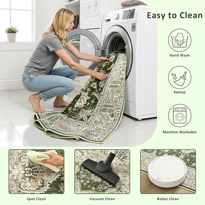 Maxsoft Large Area Rugs for Living Room Bedroom, 6x9 Green Washable Rug with Rubber Backing, Non-Slip and Stain Resistant Soft Throw Indoor Carpet for Dining Room Office Kitchen Dorm Home Decor