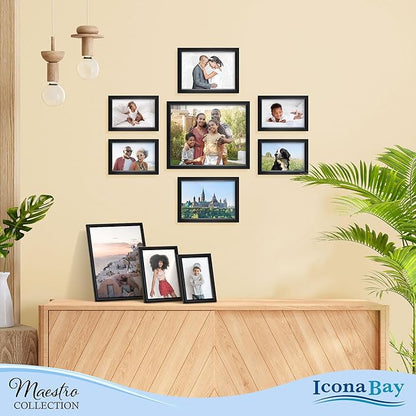 Icona Bay Combination Black Picture Frames Set - 10 PC (Five 4x6, Three 5x7, Two 8x10), Classy Contemporary Style, Maestro Collection for Wall Gallery