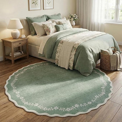 GarveeHome Round Area Rugs 4ft for Kids Room, Sage Green Scalloped Washable Circle Rug Soft Non Slip Floral Print Floor Mat Carpet Indoor Thin Tent Rug for Bedroom Dining Room Playroom Nursery