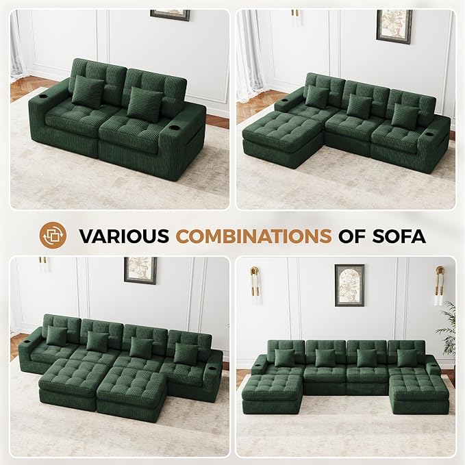 144" U Shaped Cloud Boneless Couch,Modern Modular Sectional Sofa with Layered Cushion,No Assembly Convertible Corduroy Couches for Living Room,Green 1 PCS