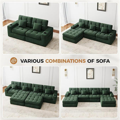 144" U Shaped Cloud Boneless Couch,Modern Modular Sectional Sofa with Layered Cushion,No Assembly Convertible Corduroy Couches for Living Room,Green 1 PCS