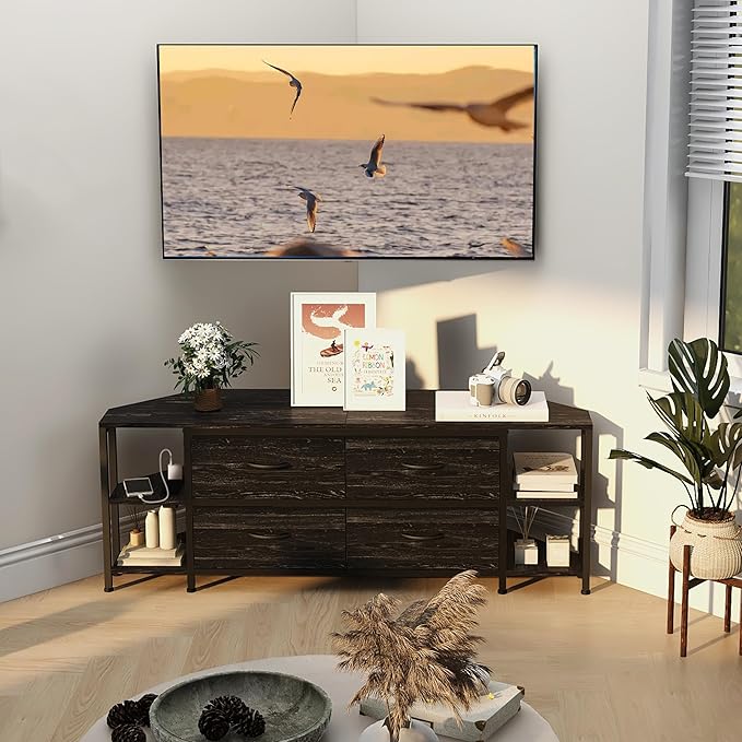 EXOTICA Corner TV Stand for 55 inch TV with Drawer and Charge Station Black Corner Entertainment Center for Living Room Modern Corner Console Table with 4 Open Storage Shelves Metal Frame