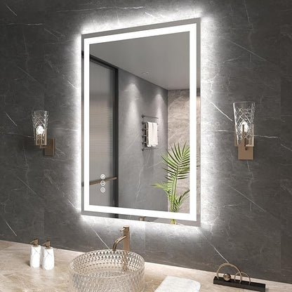 Snowdool 24"X36" LED Bathroom Mirror with Front Lights and Backlit, Anti-Fog, Dimmable, Shatter-Proof Tempered Glass, Lighted Bathroom Vanity Mirror for Wall with 3 Colors, Memory Function