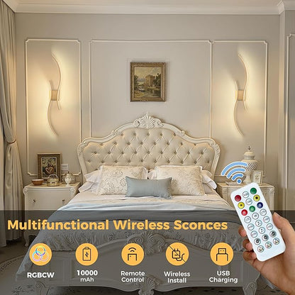 DORESshop Battery Operated Wall Sconces Set of 2, Battery Wall Sconce 8000mAh, Gold Rechargeable Sconces 3CCT + RGB, 39 Inch Modern Wireless Wall Lights, Sconce Wall Decor for Bedroom, Living Room