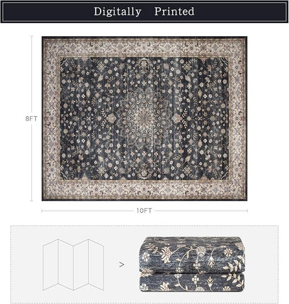 Srugn Washable Rugs 8x10 Area Rugs for Living Room,Rugs for Bedroom,Large Carpets,Ultra Soft Faux Wool Retro Dining Room Rug,Non Slip&Non-Shedding Low Pile Vintage Print Rug for Home Office-Black