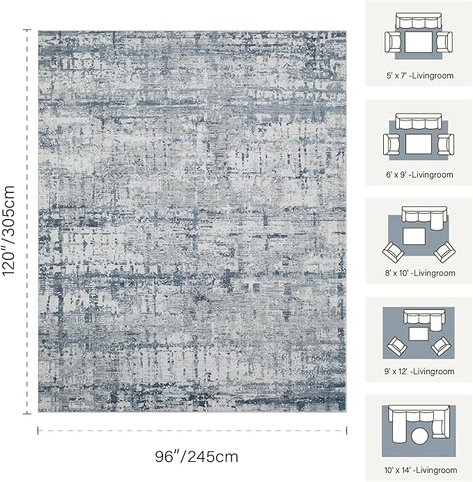 Rugxara Blue Grey 8x10 Area Rugs,Large Soft Rugs for Living Room, Blue Washable Rug, Modern Abstract Rugs for Bedroom Dining Room, Non-Slip Foldable Thin Indoor Carpet Stain Resistant(Blue Grey)