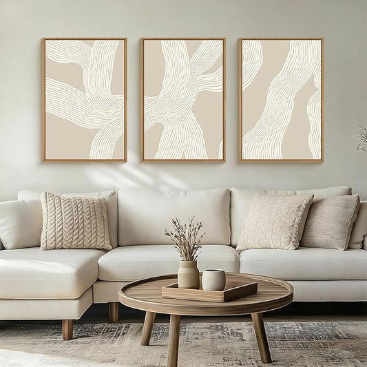 HPNIUB Large Abstract Beige Framed Canvas Prints Wall Art Set,Neutral Minimalist Lines Wall Decor,Modern Textured Artwork for Living Room, Bedroom,Dining Room, Office, Bathroom Decor-24 x36 x3