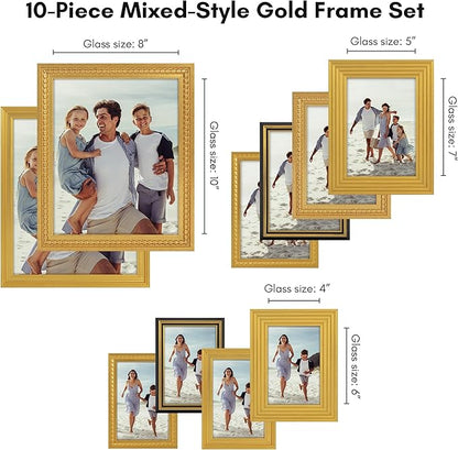 Americanflat Set of 10 Vintage Gold Frames with Polished Clear Glass - Gallery Wall Frame Set with Two 8x10, Four 5x7, and Four 4x6 Antique Frames for Tabletop or Wall Display