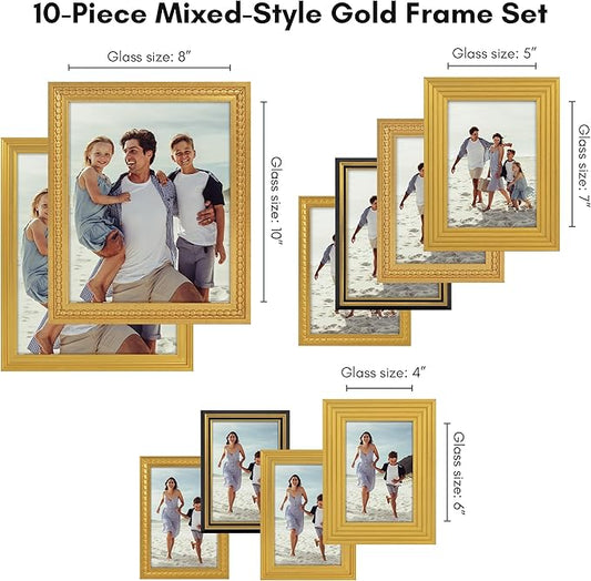 Americanflat Set of 10 Vintage Gold Frames with Polished Clear Glass - Gallery Wall Frame Set with Two 8x10, Four 5x7, and Four 4x6 Antique Frames for Tabletop or Wall Display