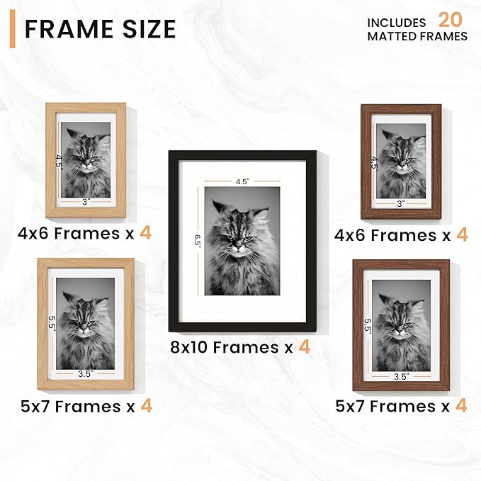 Venusmiles 20 Pack Picture Frames Collage Wall Decor, Gallery Frame Set for Wall Mounting or Tabletop Display, Multi Sizes Including 4pcs 8x10, 8pcs 5x7, 8pcs 4x6, Black+Oak+Walnut