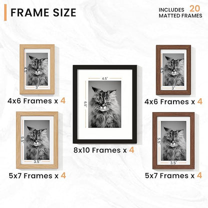 Venusmiles 20 Pack Picture Frames Collage Wall Decor, Gallery Frame Set for Wall Mounting or Tabletop Display, Multi Sizes Including 4pcs 8x10, 8pcs 5x7, 8pcs 4x6, Black+Oak+Walnut