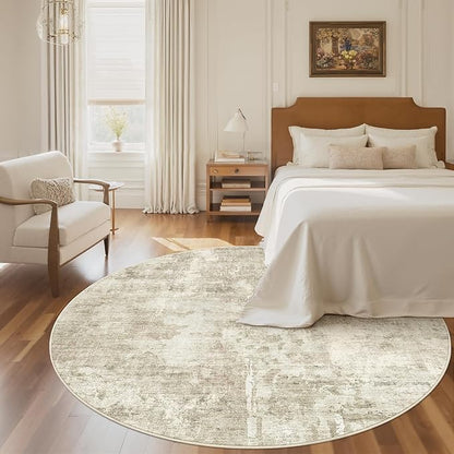 Soalmost 6x6 Beige Gray Round Rug 6ft Living Room Circle Rug Vintage Round Area Rug Non Slip Indoor Carpet for Dining Room Bedroom