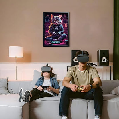 Framed Gamer Cat Canvas Wall Art, Kitten Playing Video Game Wall Decor, Cool Controller Neon Oil Painting, Boys Bedroom Gaming Room Canvas Print Poster 8x10 Inch