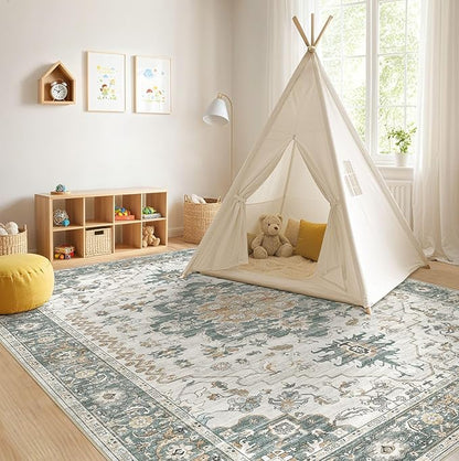 EIEIHOUSE Washable Area Rugs for Living Room -10x14 Neutral Vintage Distressed Floral Farmhouse Boho Large Soft Floor Rug Indoor Non Slip Carpet for Living Room Bedroom Dining Room Office -Green/Grey