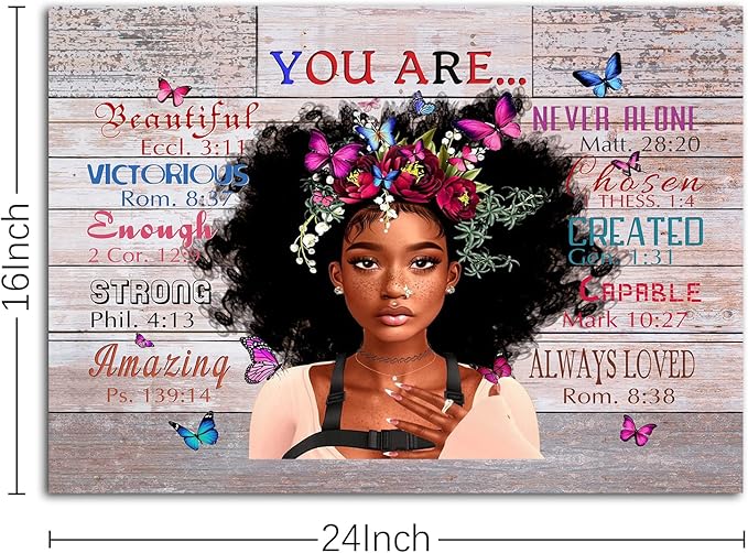 WOWGOOMO Vintage African American Women Wall Art Fashion Black Girl Portrait Canvas Pictures You Are Bible Quotes Poster for Living Room Bedroom Home Office Framed Inspirational Gift for Women 16"x24"