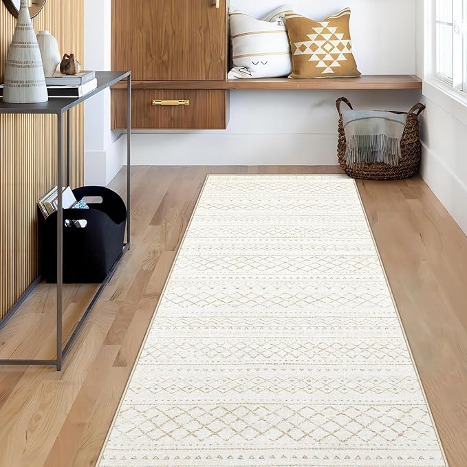 Runner Rug 2x7 Boho Geometric Area Rugs: Washable Kitchen Rug, Soft Non Slip Moroccan Long Hallway Rugs for Bedroom Bathroom Laundry Entryway Staircase Foyer(Beige,2X7)