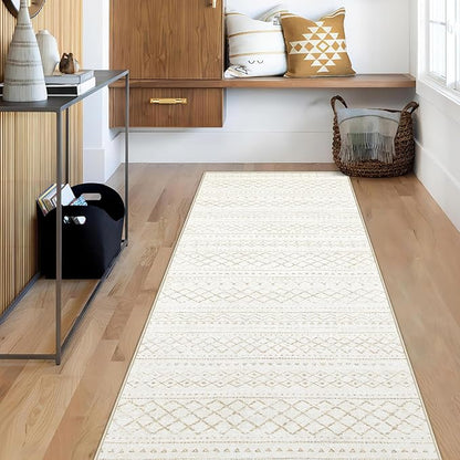 Runner Rug 2x7 Boho Geometric Area Rugs: Washable Kitchen Rug, Soft Non Slip Moroccan Long Hallway Rugs for Bedroom Bathroom Laundry Entryway Staircase Foyer(Beige,2X7)