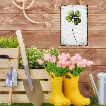 Retro Metal Tin Sign Four Leaf Clover Art Rustic Wall Decor Good Luck Charm Decor Green Nature Wildlife Watercolor Metal Sign Meadow Flower Modern Floral Garden Home Decor 8x12inch