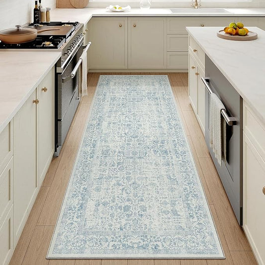 PureCozy Blue Runner Rug 2x5 Hallway Machine Washable Kitchen Vintage Distressed Non Slip Long Carpet Indoor Retro Floral Bedroom Accent Throw Rug for Bathroom Office Laundry Dining Room