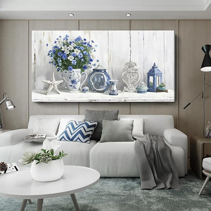 Nicetop Oversized Vintage Wall Art – Rustic Coastal Still Life Floral Canvas Print Country Farmhouse Cottagecore Shabby Chic Style Botanical Artwork Blue Picture for Large Living Room Kitchen 58x29Inch