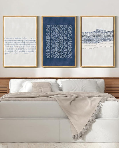 Drsoum Blue Abstract Boho Framed Wall Art Large 24x36in Minimalist Mid-Century Modern Wall Decor Geometric Artwork Kitchen Dining Room Black Framed