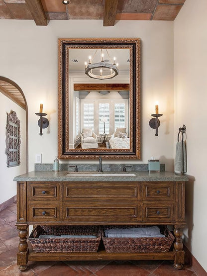 Antique Bathroom Wall Mirror 36.5" X 25", Bronze Mirror with Ornate Carvings Solid Wood Frame, Handmade Aging, for Vintage Living Room, Hallway and Bedroom