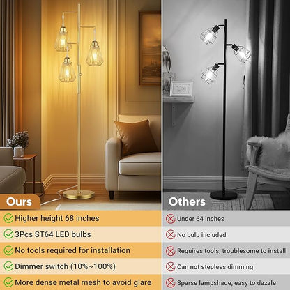 QiMH Industrial Floor Lamps for Living Room, Tree Standing Lamp with Stepless Dimmable, 68" Modern Tall Lamps for Bedroom Study Home Office, Rotary Switch, 3 LED Bulb Included, Gold